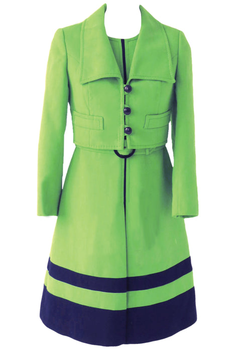 Vintage 1960s Lime Green & Navy Designer Ensemble - New!