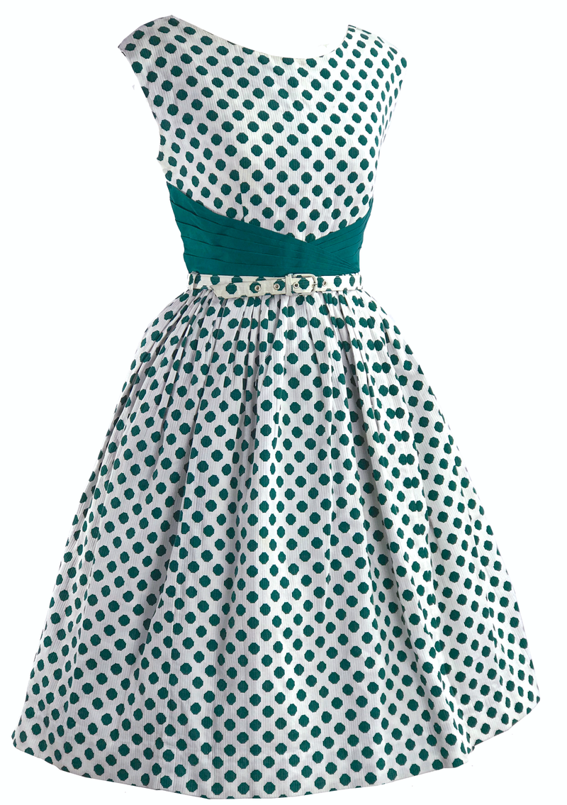 Vintage 1950s Green Polka Dot Pique Cotton Dress - NEW!