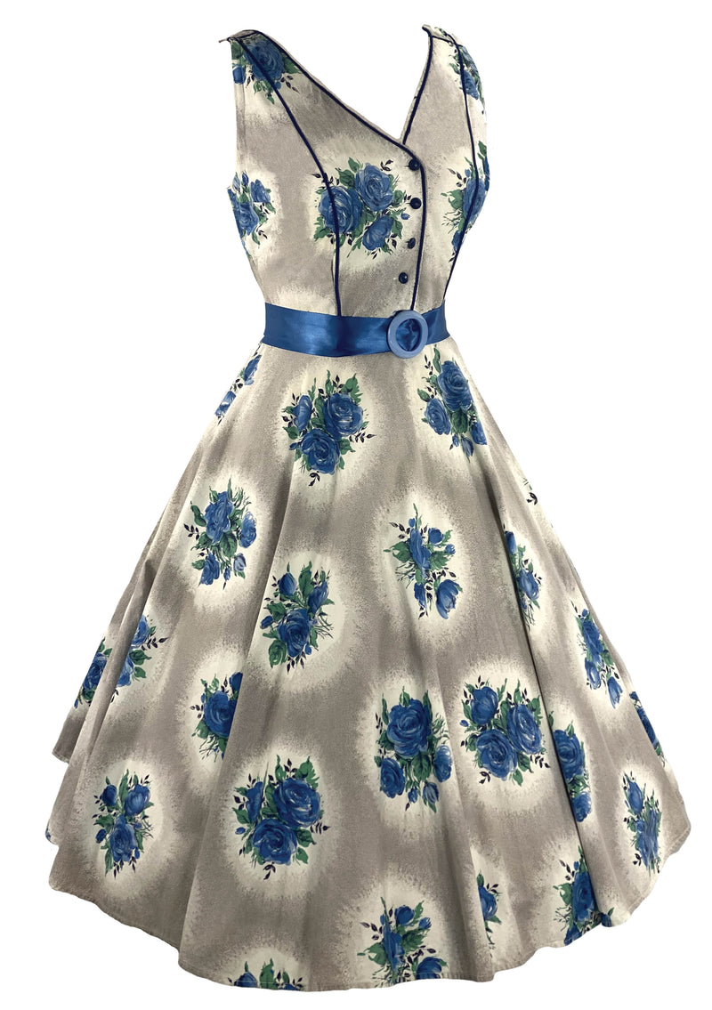 Vintage 1950s Blue Cameo Roses Cotton Dress- New!