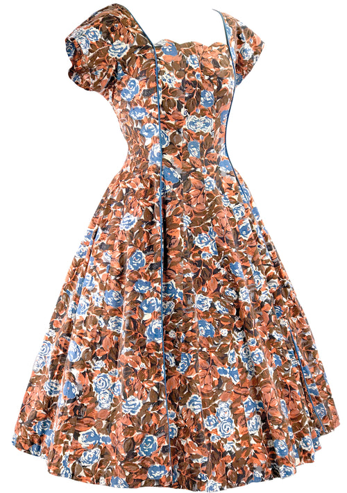Vintage 1950s Blue Roses with Russet Leaves Cotton Dress- New!