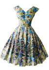 1950s Blue & Yellow Roses Cotton Dress with Flocking - New!