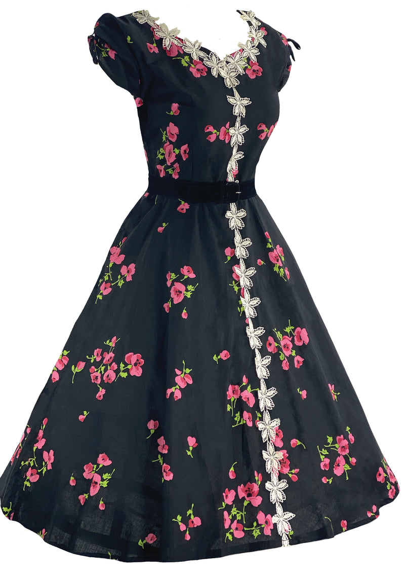 Vibrant 1950s Pink Oriental Poppies Cotton Dress- New!