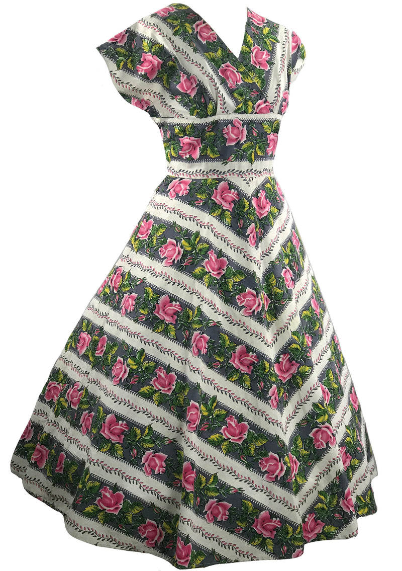 Vintage 1950s Pink Roses Stripe Cotton Dress - New!
