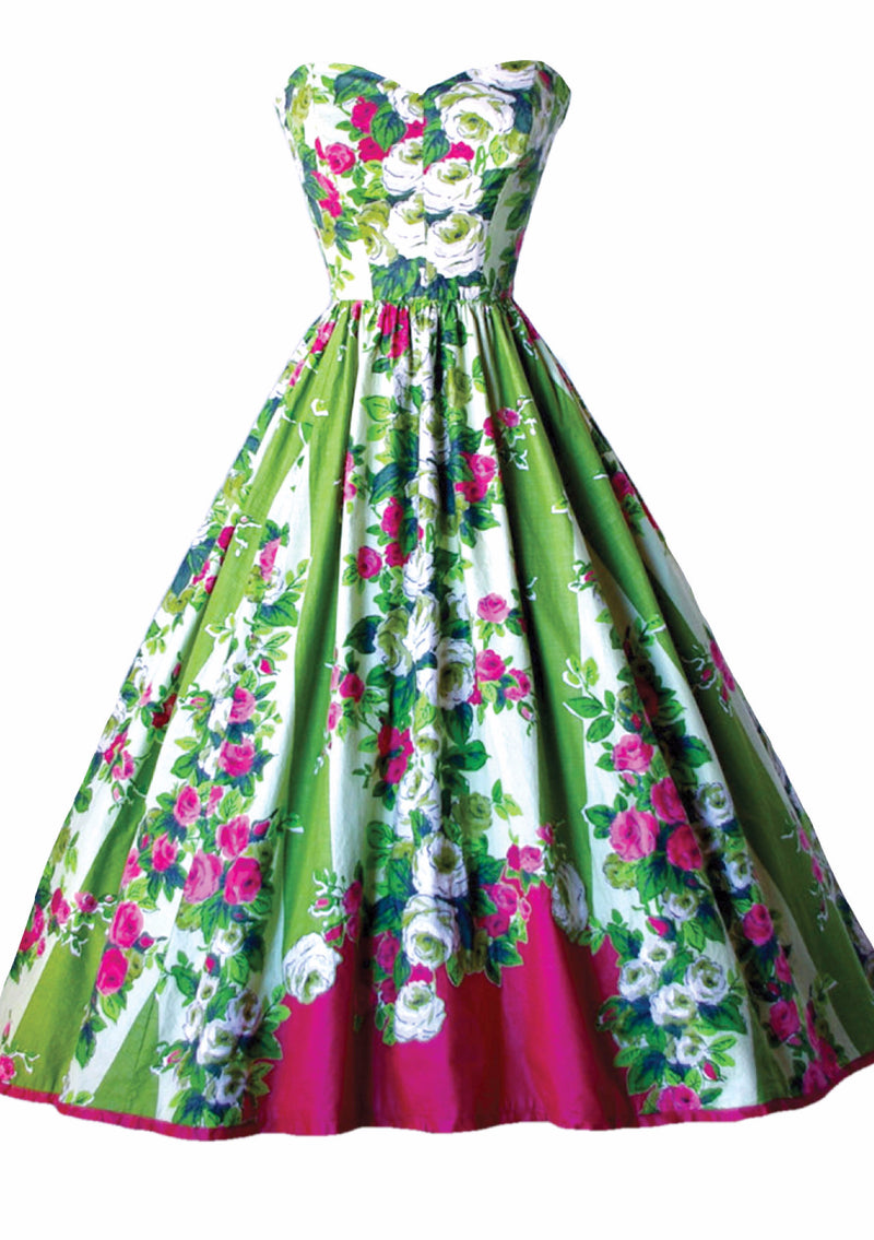 1950s Pink Roses Applique Cotton Party Dress - New!