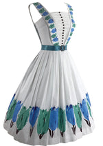 Late 1950s Early 1960s Blue and Green Tulips Designer Dress- New!