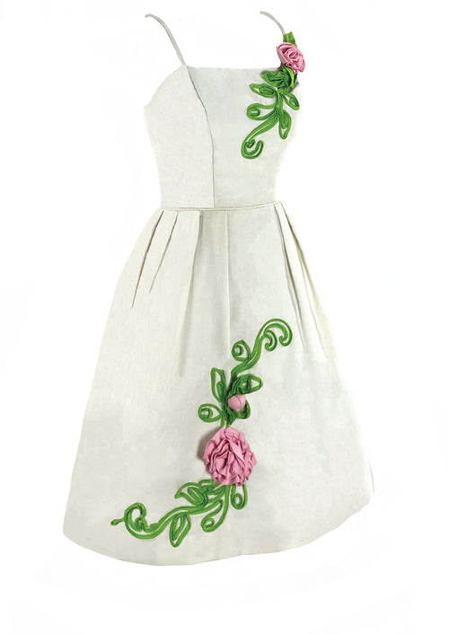 Early 1960s White Piqué With Pink 3D Rose Appliqués Dress- New!