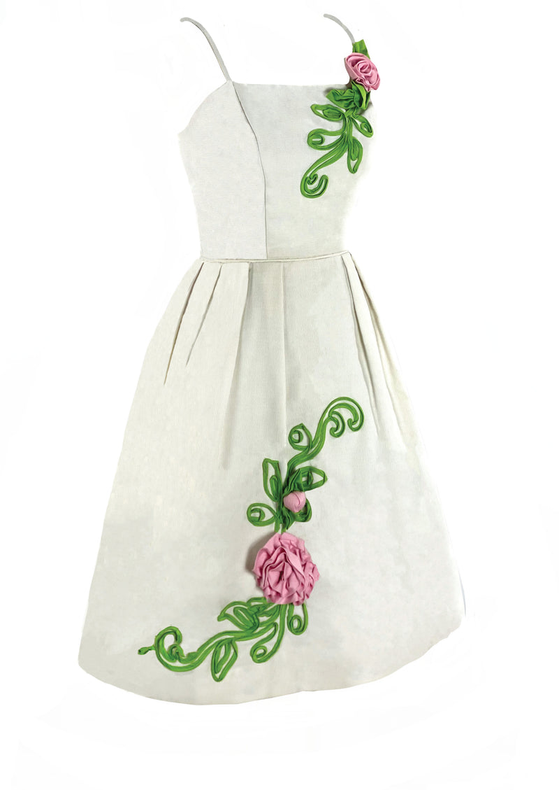 Early 1960s White Piqué With Pink 3D Rose Appliqués Dress- New!