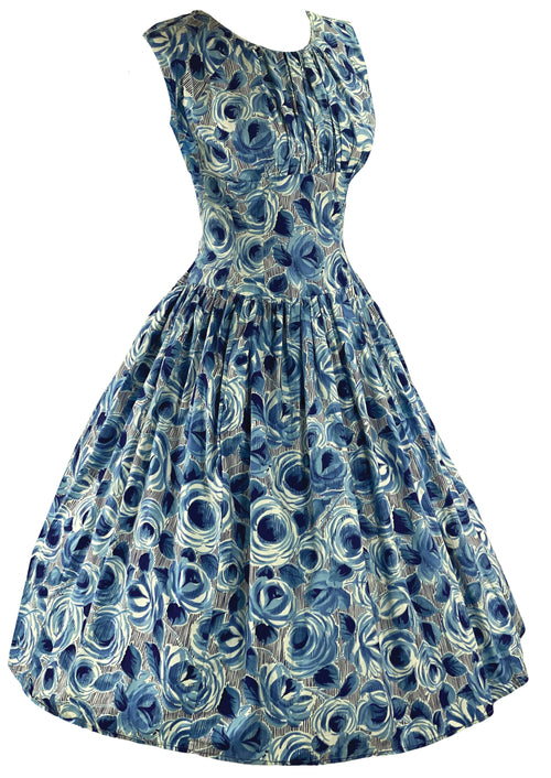 Late 1950s to Early 1960s Blue Roses Cotton Dress - NEW!