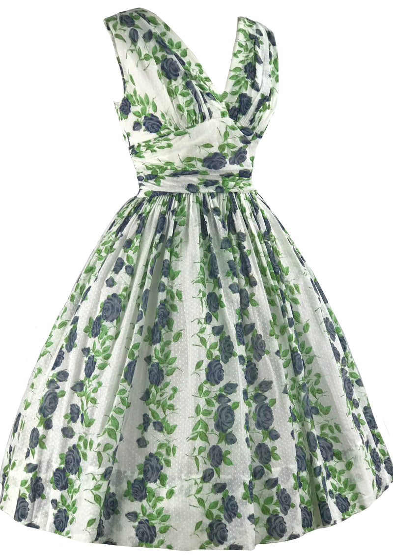Vintage 1950s Trailing Blue Roses Swiss Dot Dress- New!