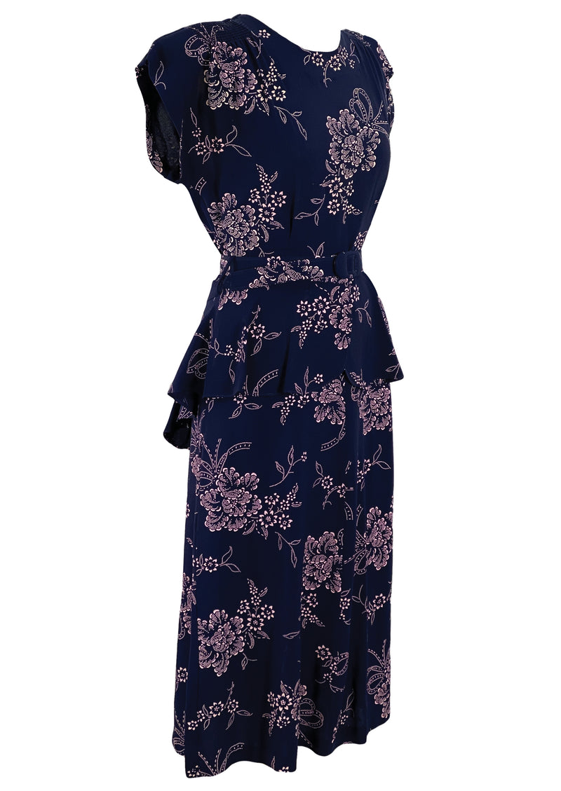 Vintage 1940s Navy Rayon with Pink Flower Print Dress- New!