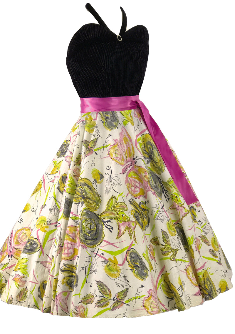 1950s Green Roses, Pink Butterflies & Glitter Skirt - New!