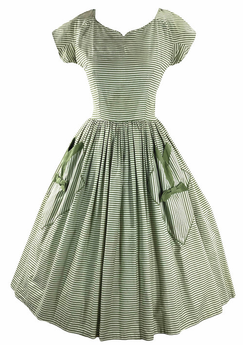 Late 1950s Green and White Stripes Cotton Dress- New!