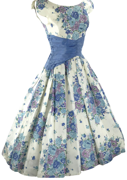 1950s Blue & Lilac Bouquet Taffeta Party Dress  - New