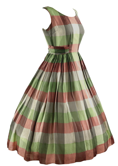 Vintage 1950s Green and Pink Plaid Chiffon Dress- NEW!