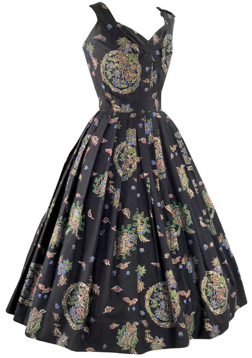 Vintage 1950s Black Medallion Print Cotton Dress - New!