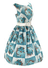 Late 1950s to Early 1960s Turquoise Roses Cotton Dress- NEW!