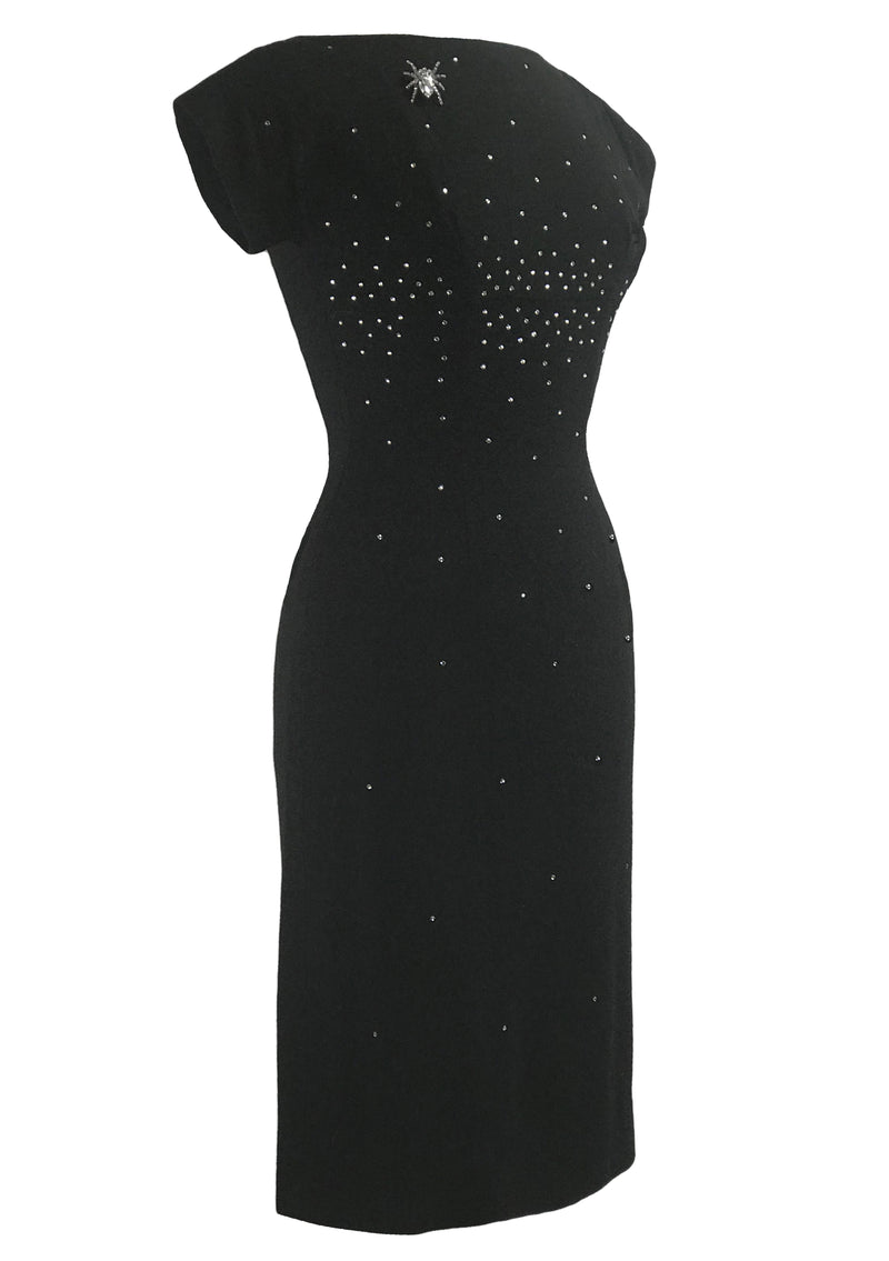 Vintage Early 1960s Black Wool Dress with Rhinestones- New!
