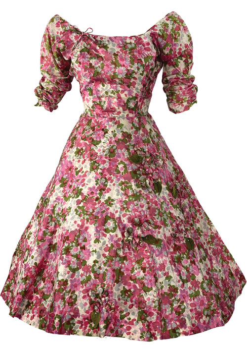 Eye-Catching 1950s Pink Floral 3D Applique Silk Dress - New!