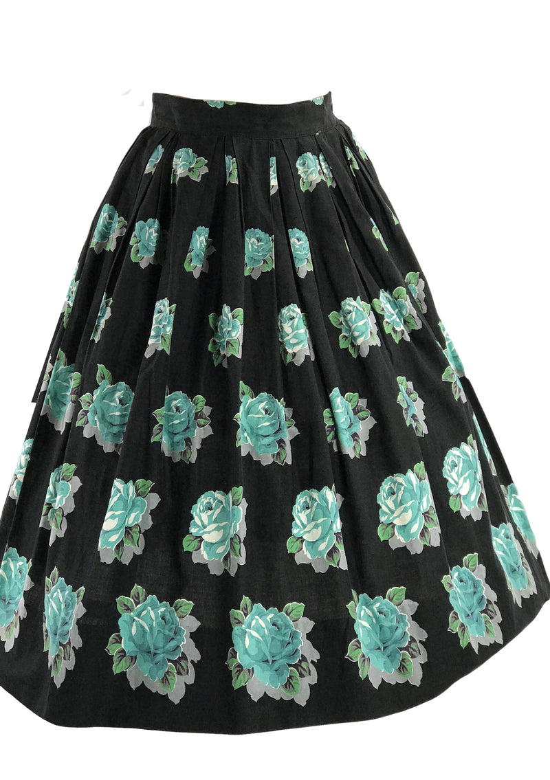 Lovely 1950s Turquoise Roses on Black Cotton Skirt- New!