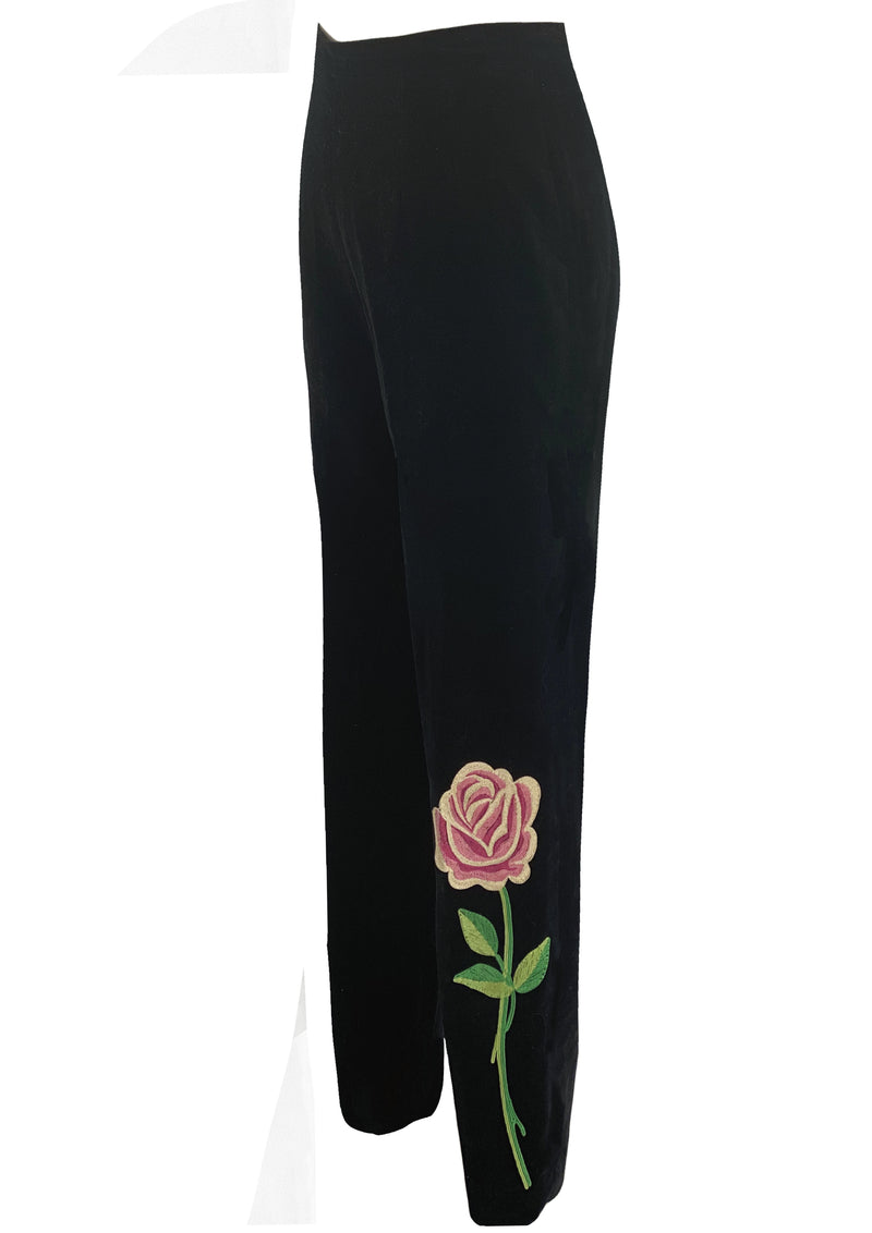 Vintage 1950s Black Cotton Velvet Rose Applique Slacks- New!