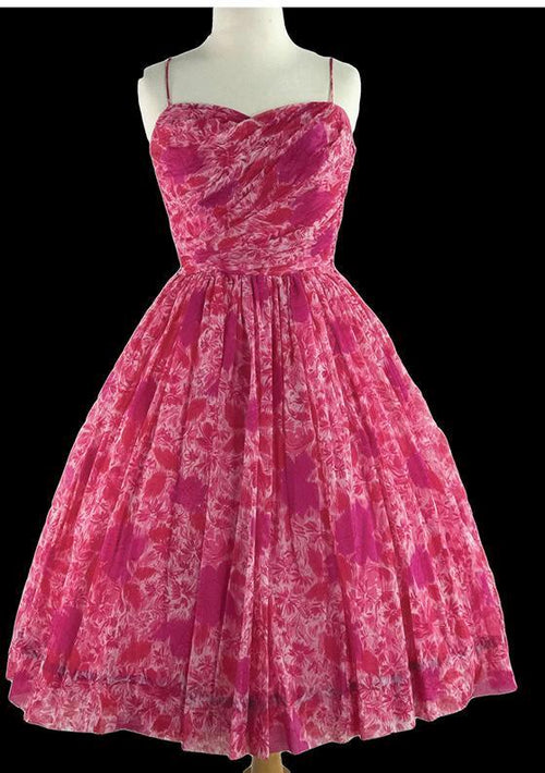 Vintage 1950s Fuchsia Pink Rose Print Chiffon Dress - New!