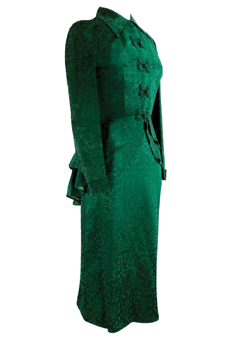 Late 1940s Designer Emerald Green Damask Suit- New!