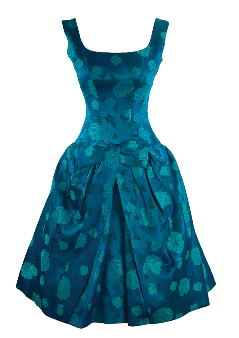 1950s Designer Frank Usher Teal Floral Brocade Cocktail Dress- New!