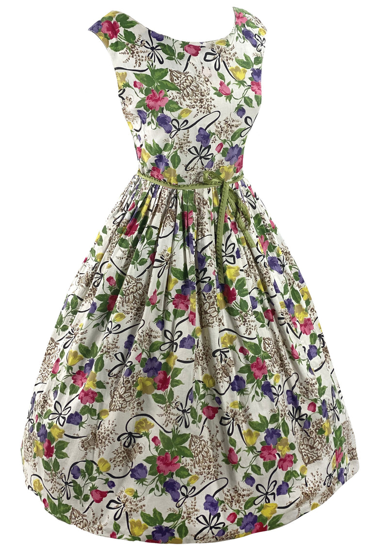 Vintage 1950s Sweet Peas and Ribbon Print Cotton Dress - New!