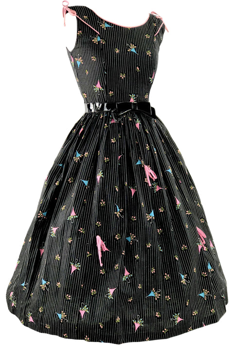 1950s Black Novelty Parasols and Roses Cotton Dress - New!