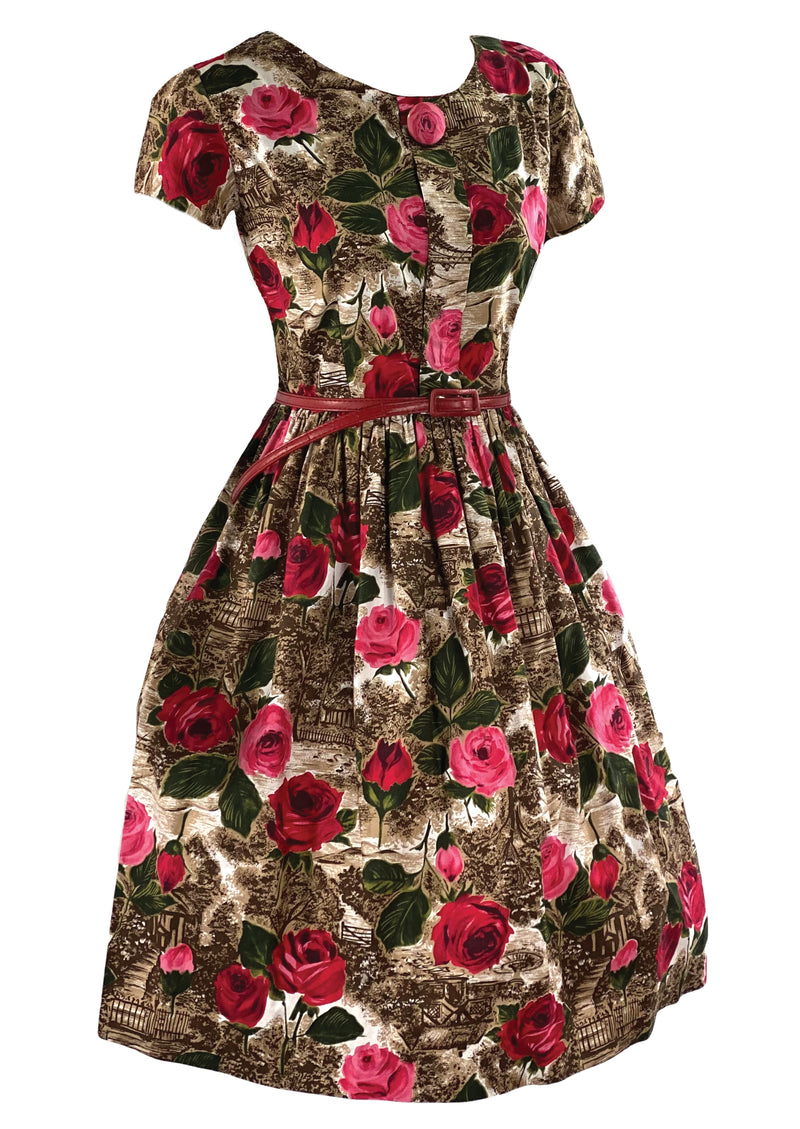 Late 1950s Rural Countryside with Roses Novelty Print Dress- NEW!