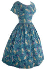 1950s Novelty Print Teal Blue Cotton Dress- New!