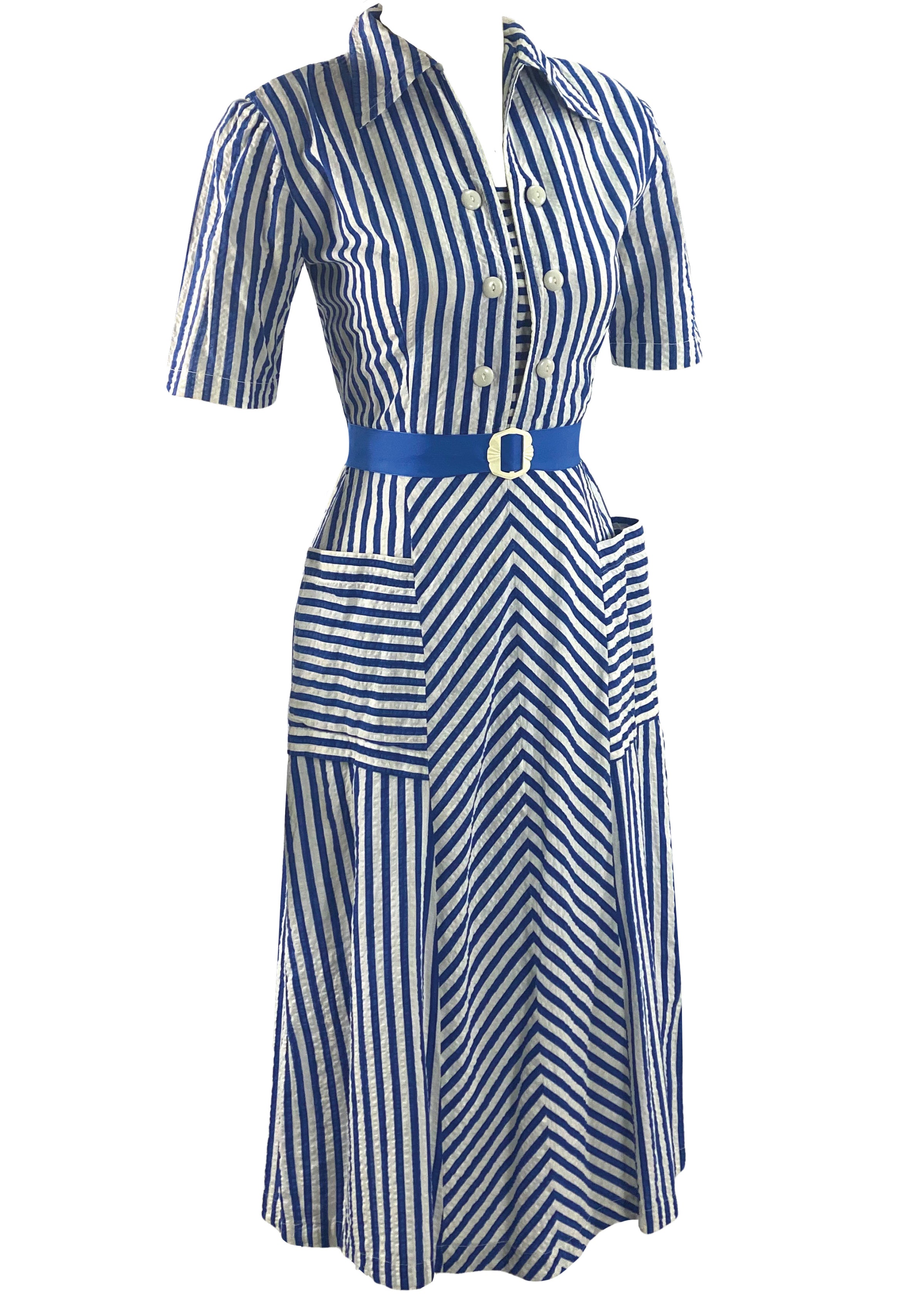 Late 1930s Early 1940s Blue and White Chevron Stripe Dress - NEW! Coutura Vintage Late 1930s Early 1940s Blue and White Chevron Stripe Dress - NEW! Coutura Vintage
