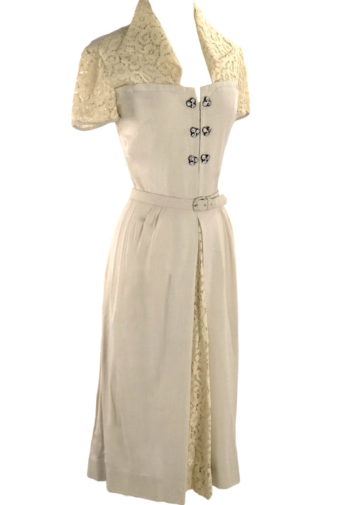 Original Unworn 1940s Ecru Linen & Cotton Lace Dress  - New!