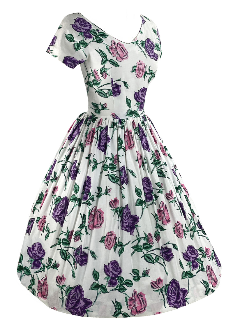 1950s Horrockses Designer Pink & Purple Roses Dress- New!