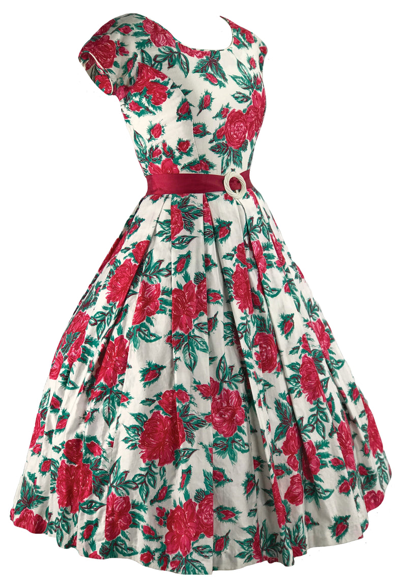 Vibrant 1950s Red Rose Print Cotton Dress- New!