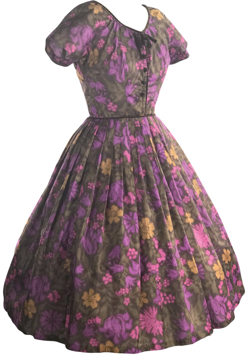 Vintage 1950s Chocolate, Purple & Pink Floral Dress  - New!