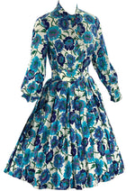 Late 1950s to Early 1960s Blue Floral Cotton Dress- New!