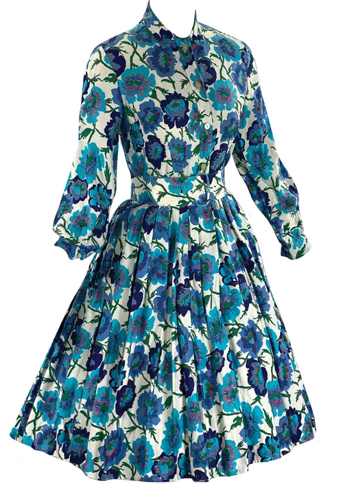Late 1950s to Early 1960s Blue Floral Cotton Dress- New!