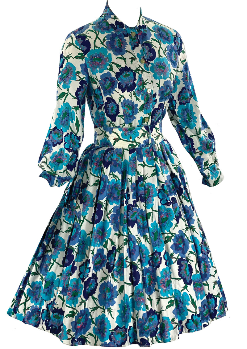 Late 1950s to Early 1960s Blue Floral Cotton Dress- New!
