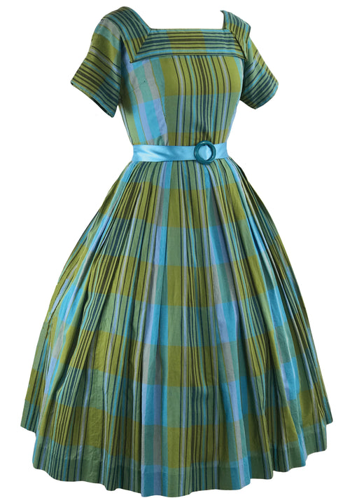 Vintage 1950s Blue Green Plaid Cotton Dress- New!