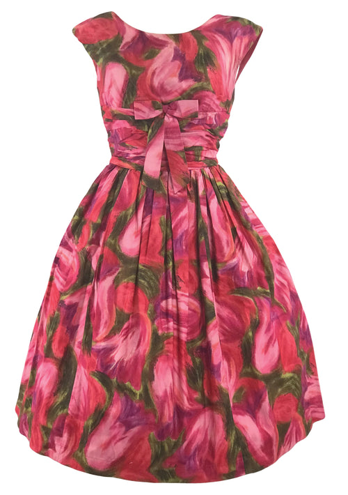 Vibrant 1950s Abstract Pink Tulips Cotton Dress - New!