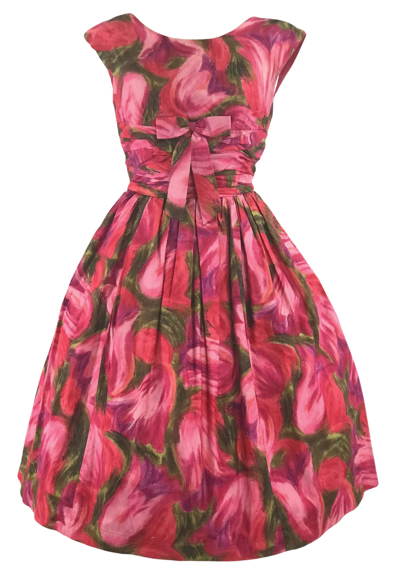 Vibrant 1950s Abstract Pink Tulips Cotton Dress - New!