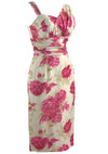 Vintage 1950s Vibrant Pink Roses Silk Asymmetrical Dress- New!