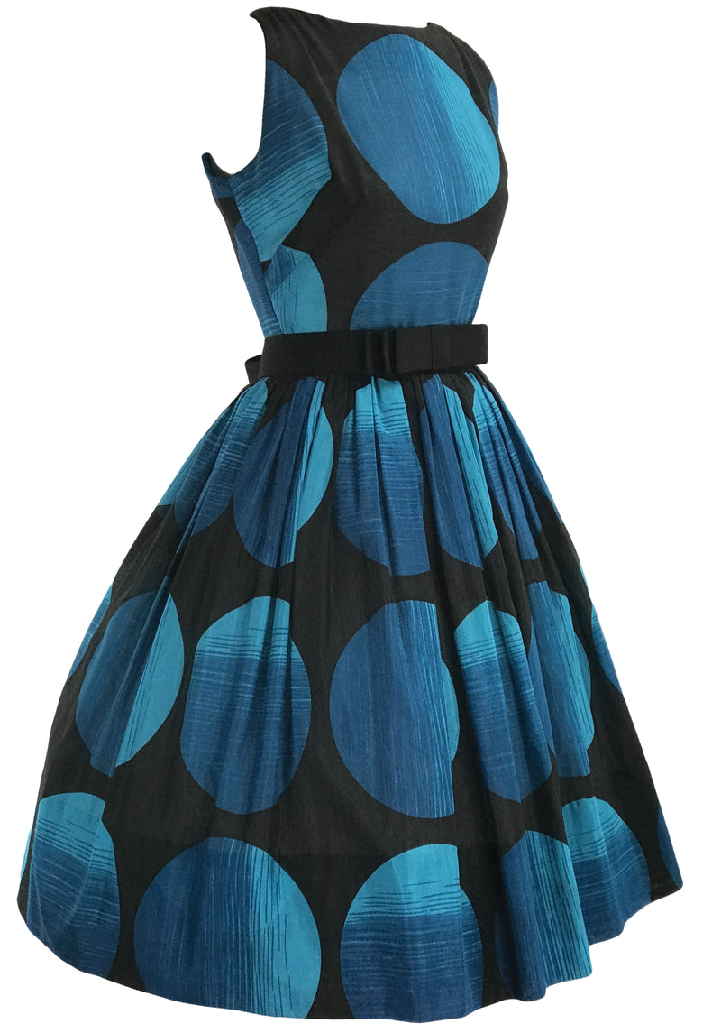 Vintage 1950s Vibrant Blue and Black Dot Dress- New!
