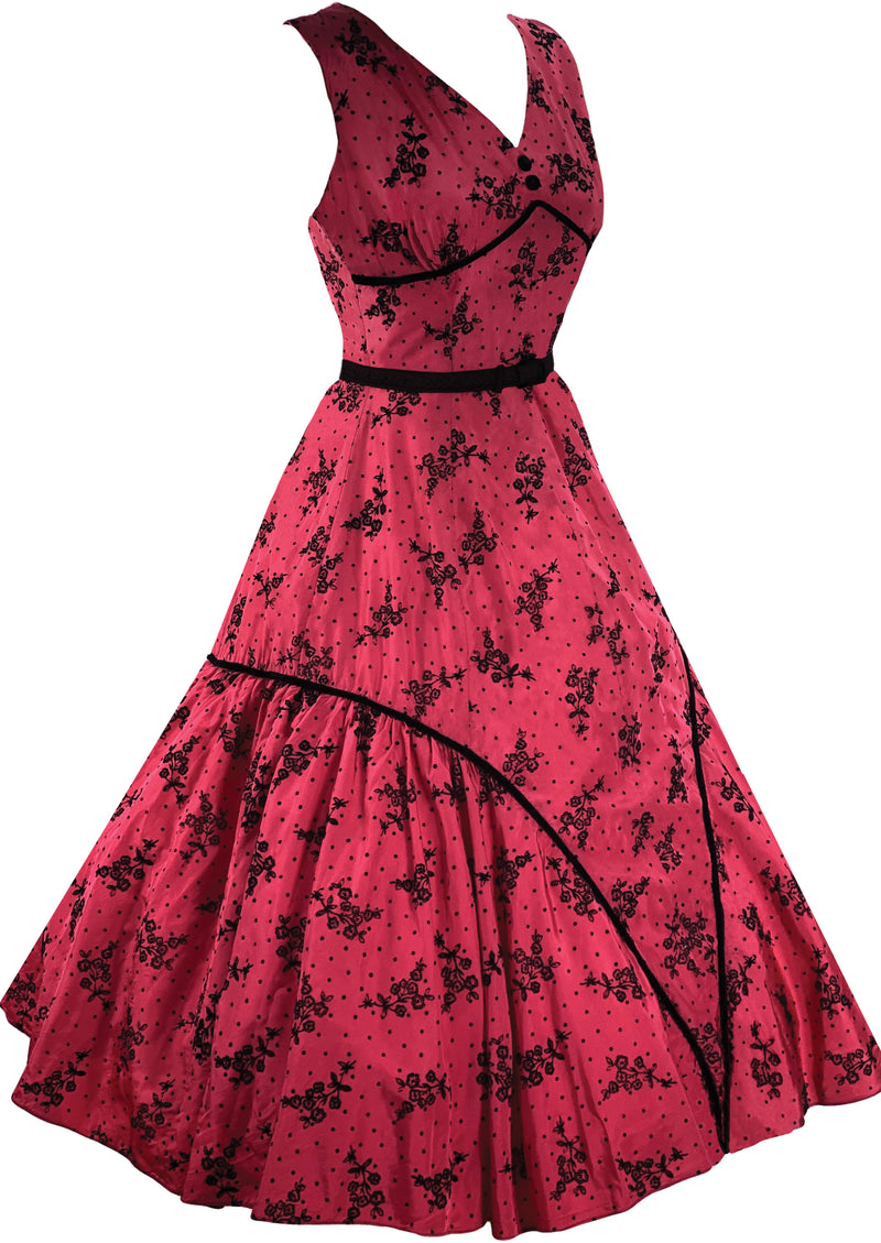 Vintage 1950s Cranberry Red Flocked Taffeta Dress- New!