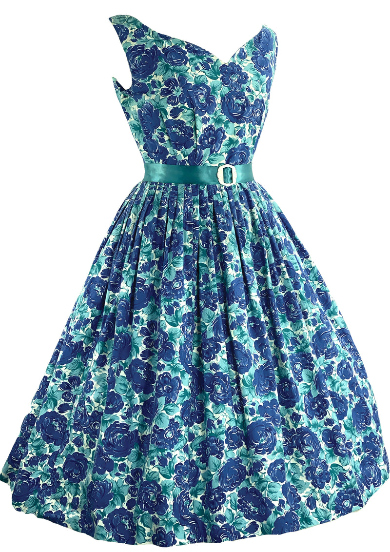 Vintage 1950s Turquoise and Blue Roses Dress - New!