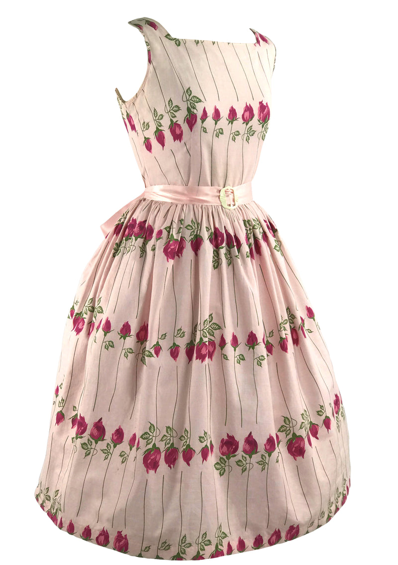 Vintage 1950s Pink Long Stem Roses Cotton Dress- New!