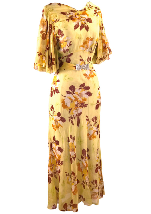 Gorgeous 1930s Magnolia Floral Silk Chiffon Gown Party Dress- New!