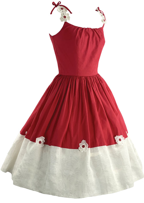 Gorgeous 1950 Red Cotton Sundress with Daisy Appliques - New!