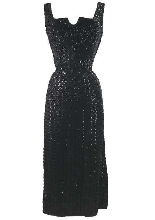 Late 1950s Early 1960s Designer Black Sequin Cocktail Dress - New!